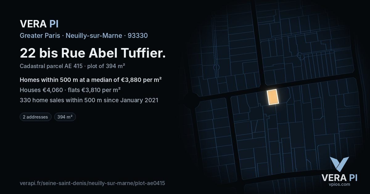 22 bis Rue Abel Tuffier, Neuilly-sur-Marne at night – the plot lit, the parcels around coloured by the prices near them