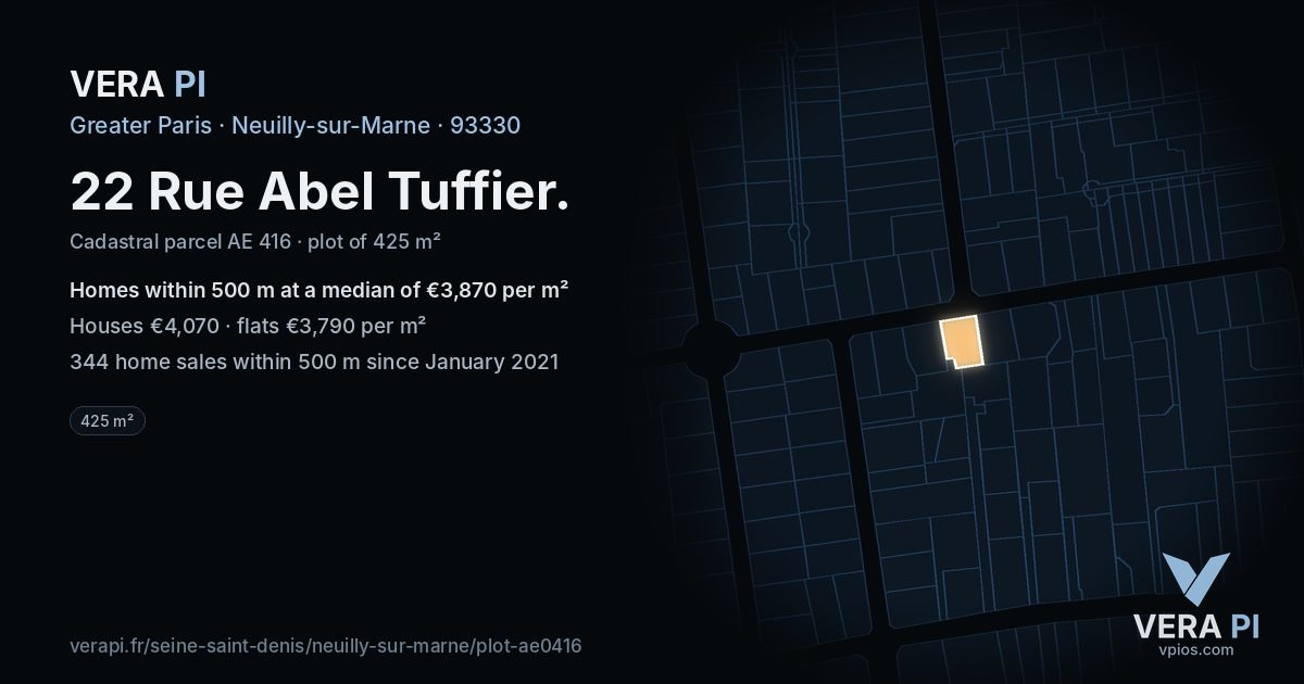 22 Rue Abel Tuffier, Neuilly-sur-Marne at night – the plot lit, the parcels around coloured by the prices near them