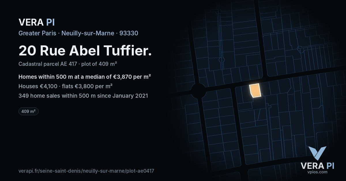 20 Rue Abel Tuffier, Neuilly-sur-Marne at night – the plot lit, the parcels around coloured by the prices near them