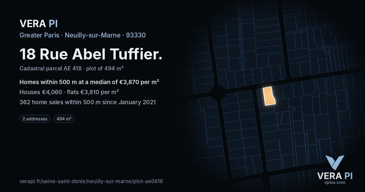 18 Rue Abel Tuffier, Neuilly-sur-Marne at night – the plot lit, the parcels around coloured by the prices near them