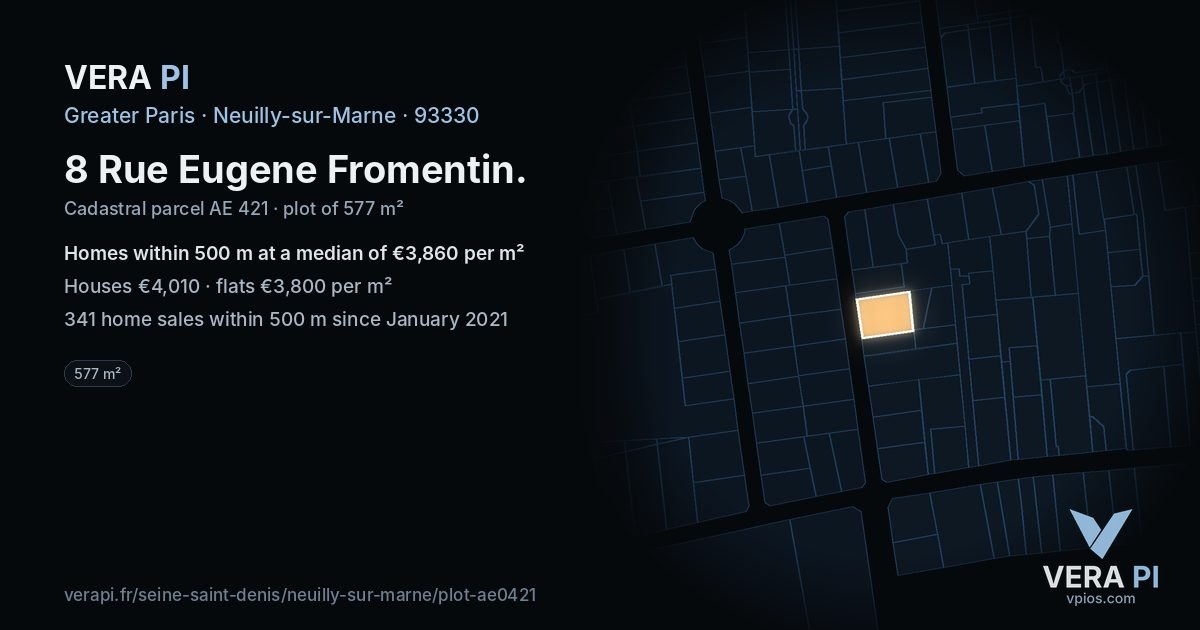 8 Rue Eugene Fromentin, Neuilly-sur-Marne at night – the plot lit, the parcels around coloured by the prices near them