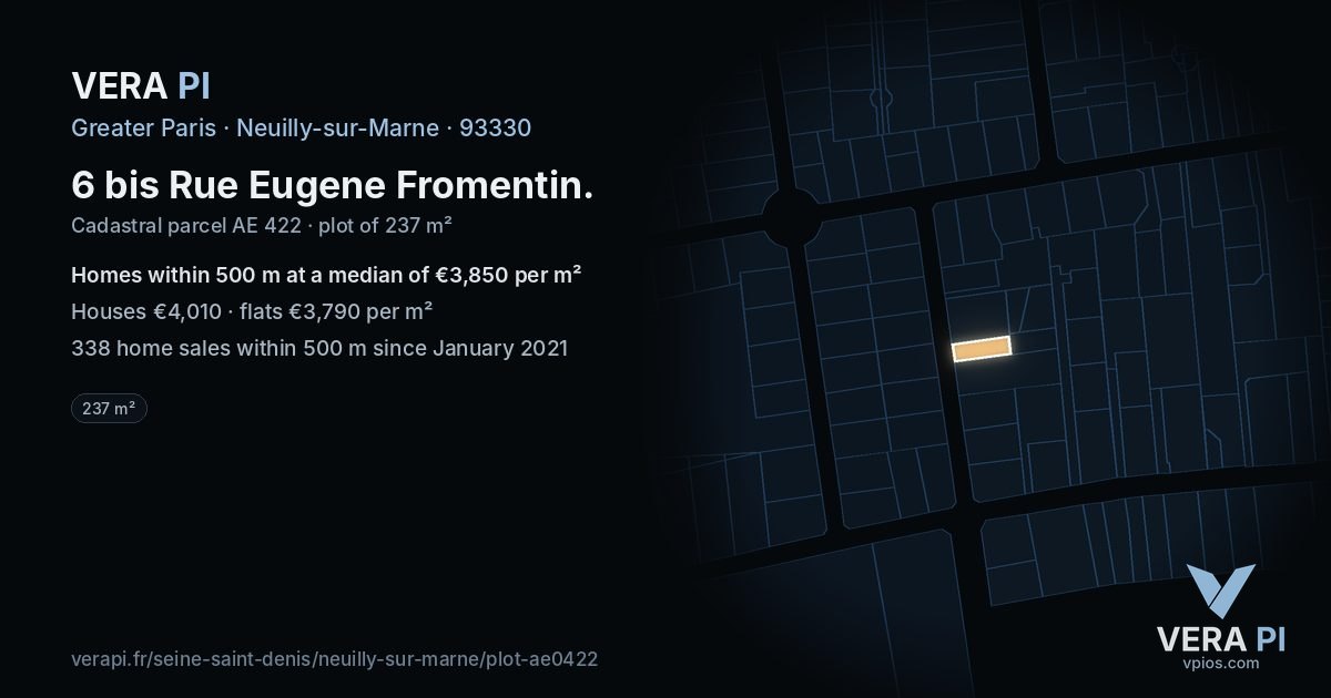 6 bis Rue Eugene Fromentin, Neuilly-sur-Marne at night – the plot lit, the parcels around coloured by the prices near them