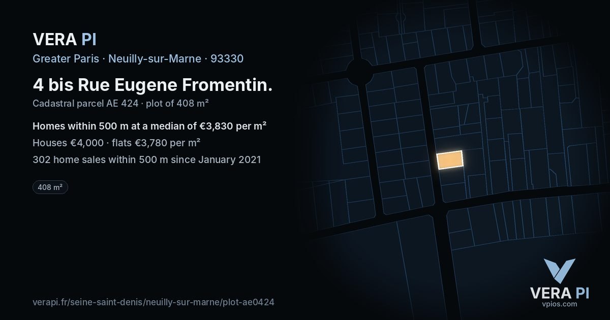 4 bis Rue Eugene Fromentin, Neuilly-sur-Marne at night – the plot lit, the parcels around coloured by the prices near them