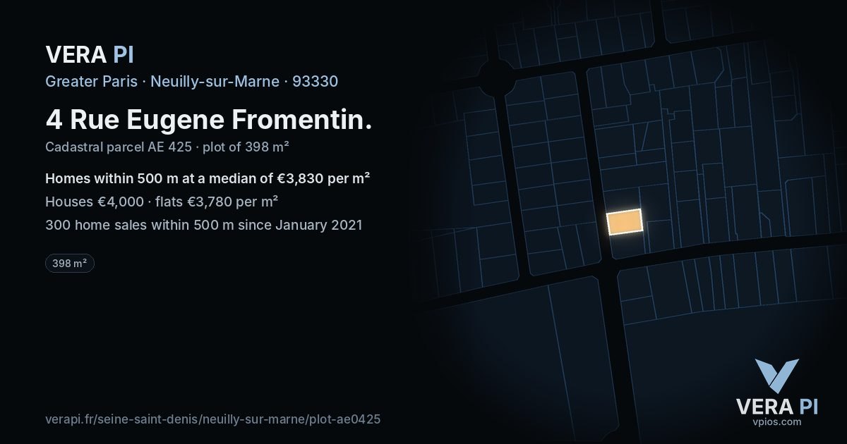 4 Rue Eugene Fromentin, Neuilly-sur-Marne at night – the plot lit, the parcels around coloured by the prices near them