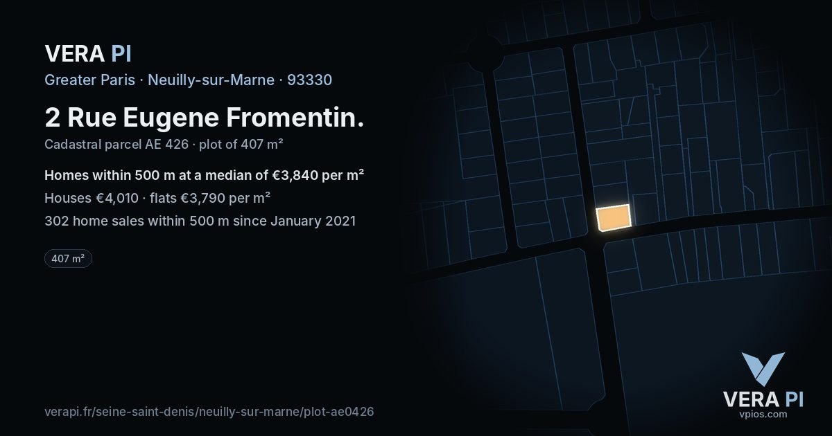2 Rue Eugene Fromentin, Neuilly-sur-Marne at night – the plot lit, the parcels around coloured by the prices near them