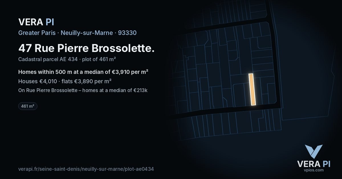 47 Rue Pierre Brossolette, Neuilly-sur-Marne at night – the plot lit, the parcels around coloured by the prices near them
