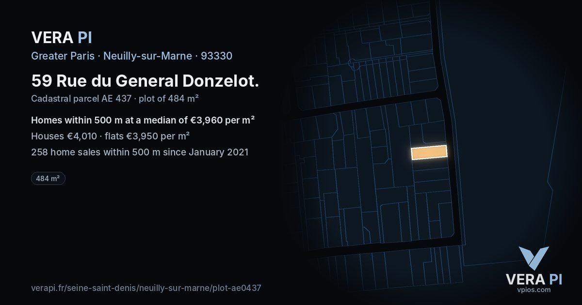 59 Rue du General Donzelot, Neuilly-sur-Marne at night – the plot lit, the parcels around coloured by the prices near them