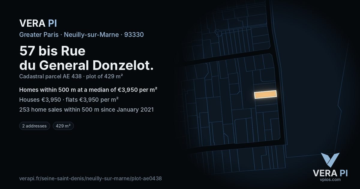 57 bis Rue du General Donzelot, Neuilly-sur-Marne at night – the plot lit, the parcels around coloured by the prices near them