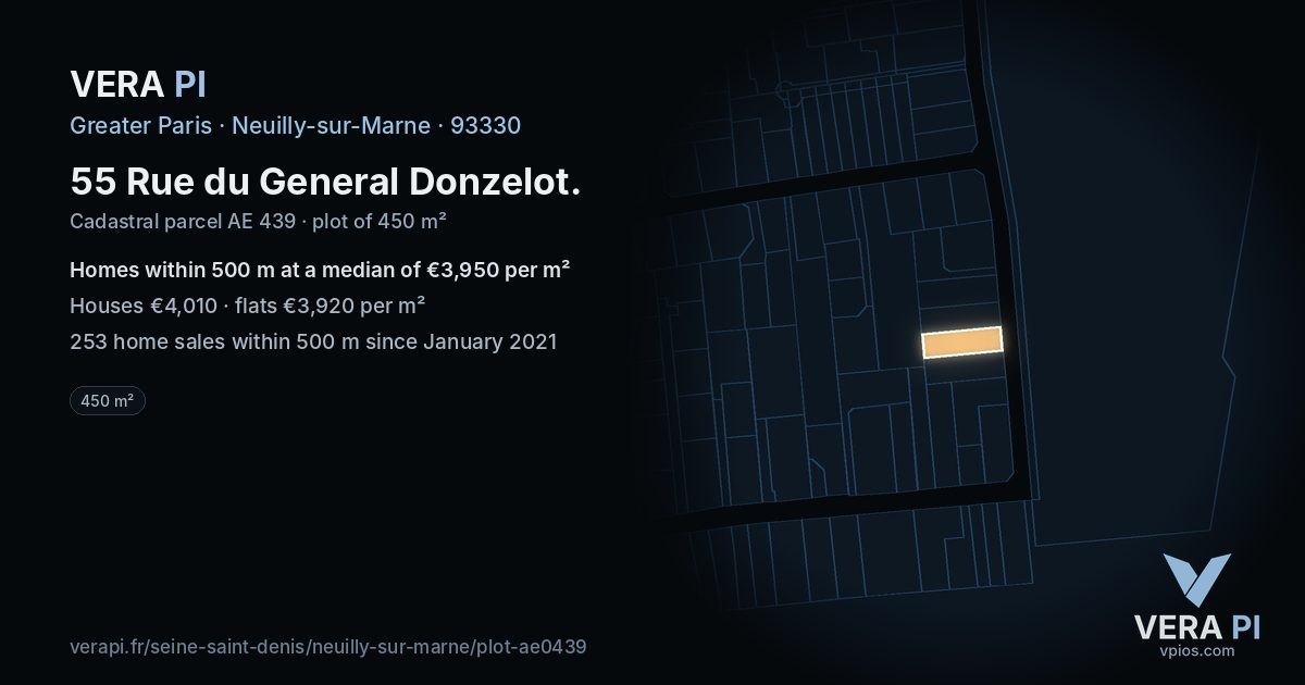 55 Rue du General Donzelot, Neuilly-sur-Marne at night – the plot lit, the parcels around coloured by the prices near them