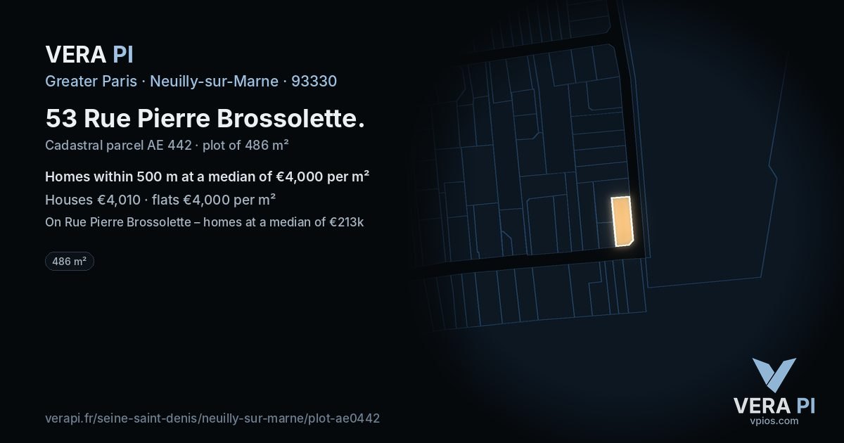 53 Rue Pierre Brossolette, Neuilly-sur-Marne at night – the plot lit, the parcels around coloured by the prices near them