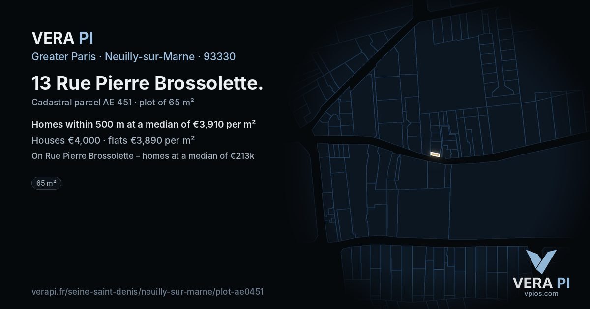 13 Rue Pierre Brossolette, Neuilly-sur-Marne at night – the plot lit, the parcels around coloured by the prices near them