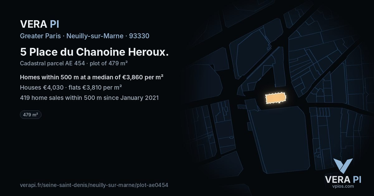 5 Place du Chanoine Heroux, Neuilly-sur-Marne at night – the plot lit, the parcels around coloured by the prices near them