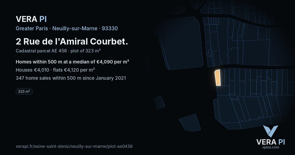 2 Rue de l'Amiral Courbet, Neuilly-sur-Marne at night – the plot lit, the parcels around coloured by the prices near them