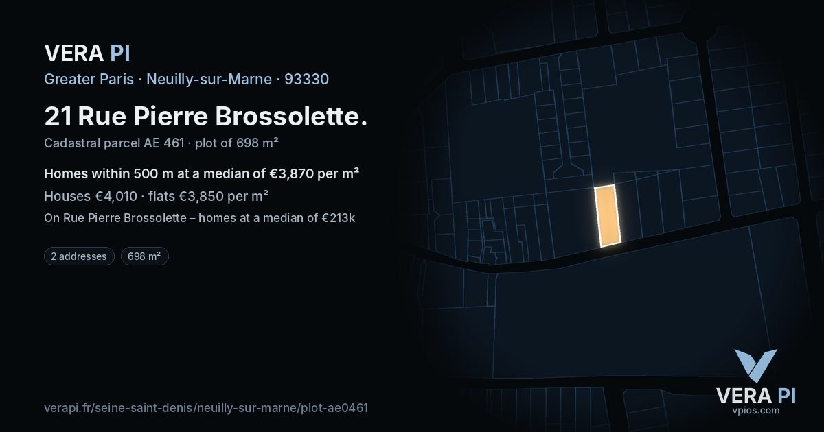 21 Rue Pierre Brossolette, Neuilly-sur-Marne at night – the plot lit, the parcels around coloured by the prices near them