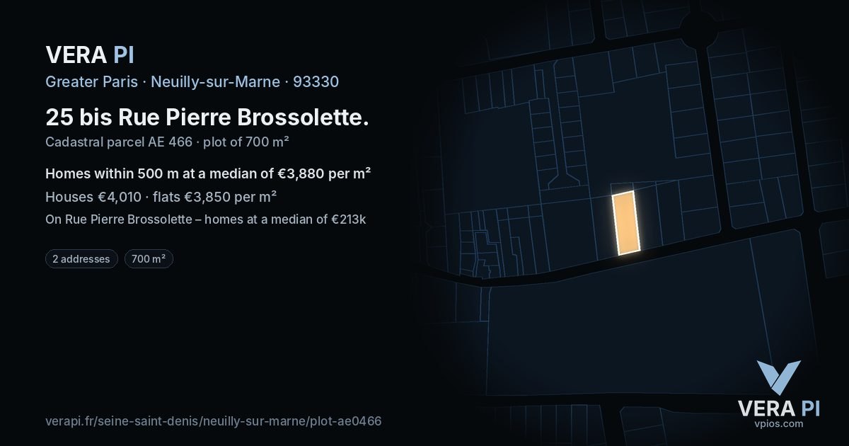 25 bis Rue Pierre Brossolette, Neuilly-sur-Marne at night – the plot lit, the parcels around coloured by the prices near them