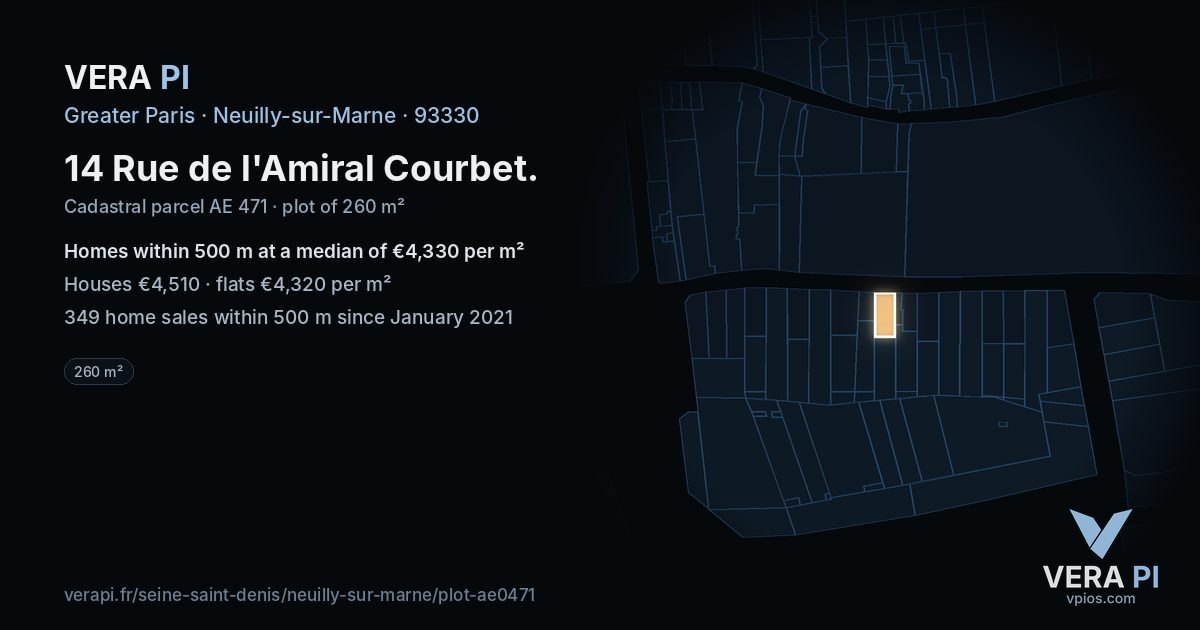 14 Rue de l'Amiral Courbet, Neuilly-sur-Marne at night – the plot lit, the parcels around coloured by the prices near them