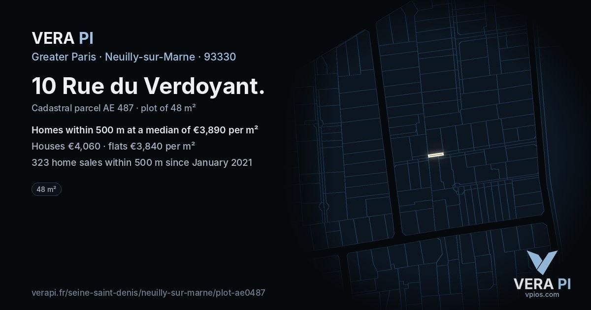 10 Rue du Verdoyant, Neuilly-sur-Marne at night – the plot lit, the parcels around coloured by the prices near them