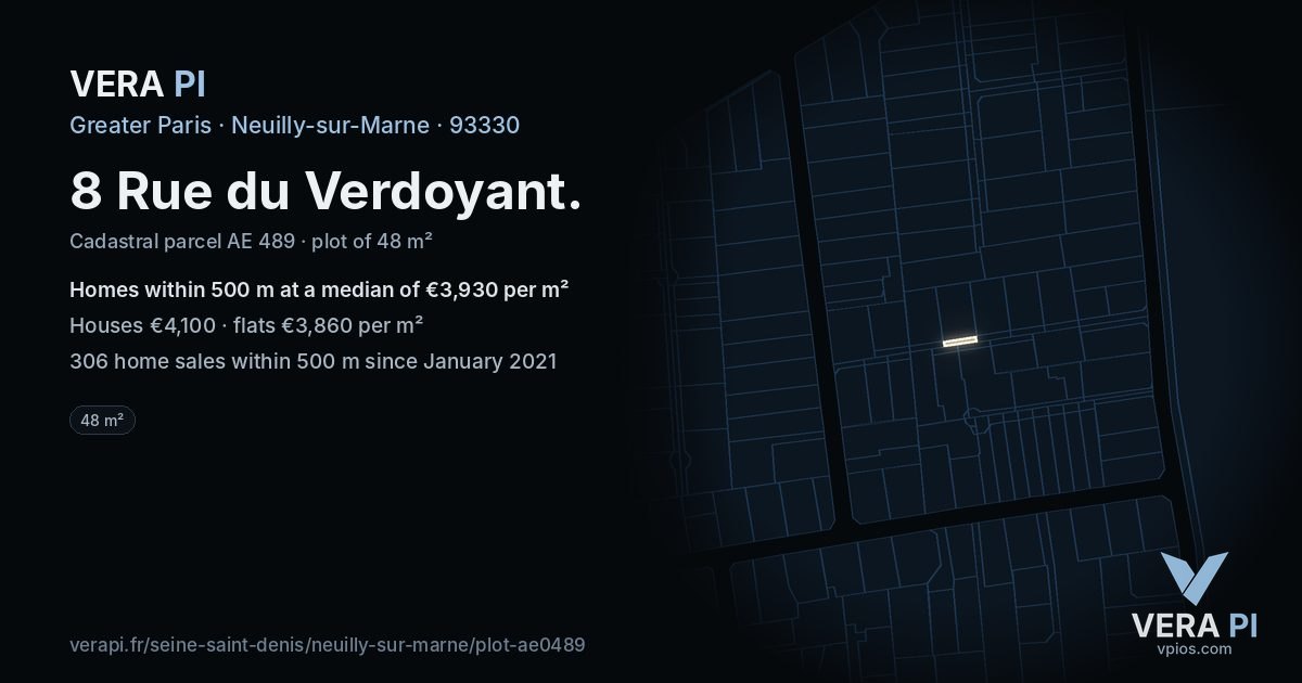8 Rue du Verdoyant, Neuilly-sur-Marne at night – the plot lit, the parcels around coloured by the prices near them