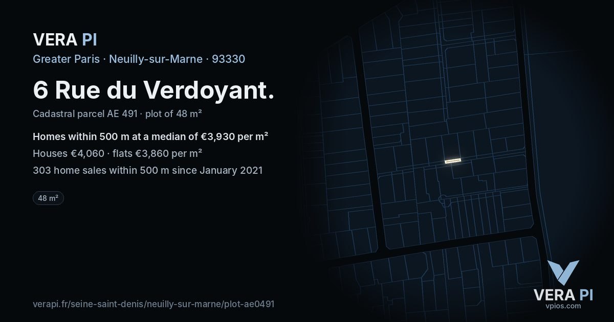 6 Rue du Verdoyant, Neuilly-sur-Marne at night – the plot lit, the parcels around coloured by the prices near them