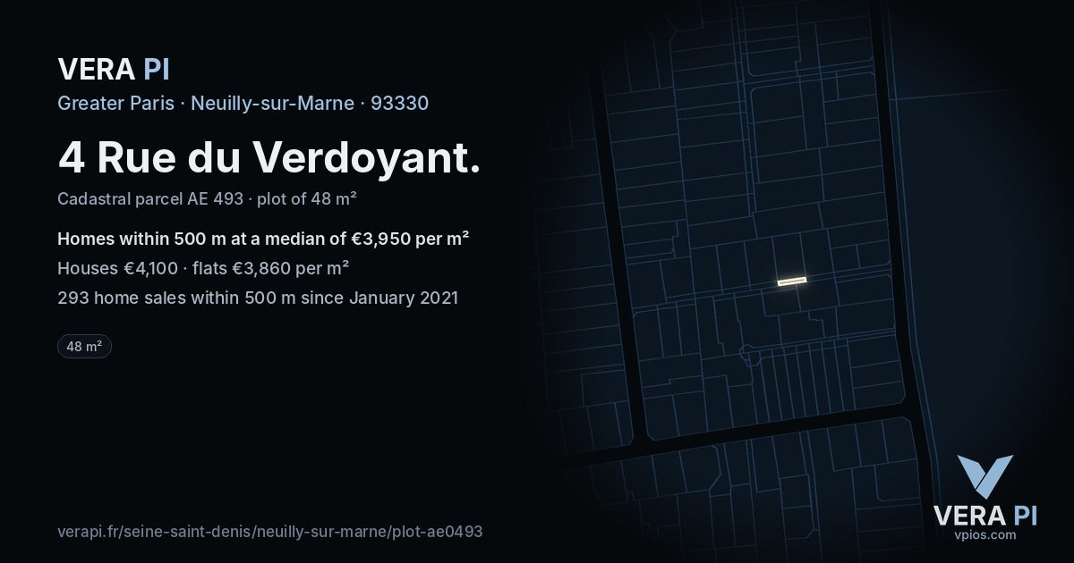 4 Rue du Verdoyant, Neuilly-sur-Marne at night – the plot lit, the parcels around coloured by the prices near them
