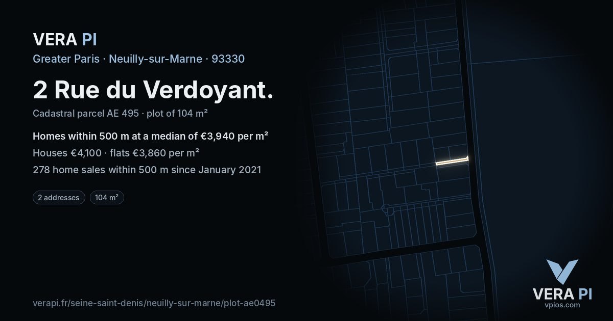 2 Rue du Verdoyant, Neuilly-sur-Marne at night – the plot lit, the parcels around coloured by the prices near them