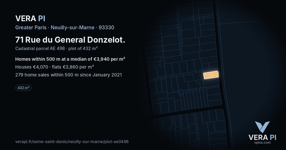 71 Rue du General Donzelot, Neuilly-sur-Marne at night – the plot lit, the parcels around coloured by the prices near them