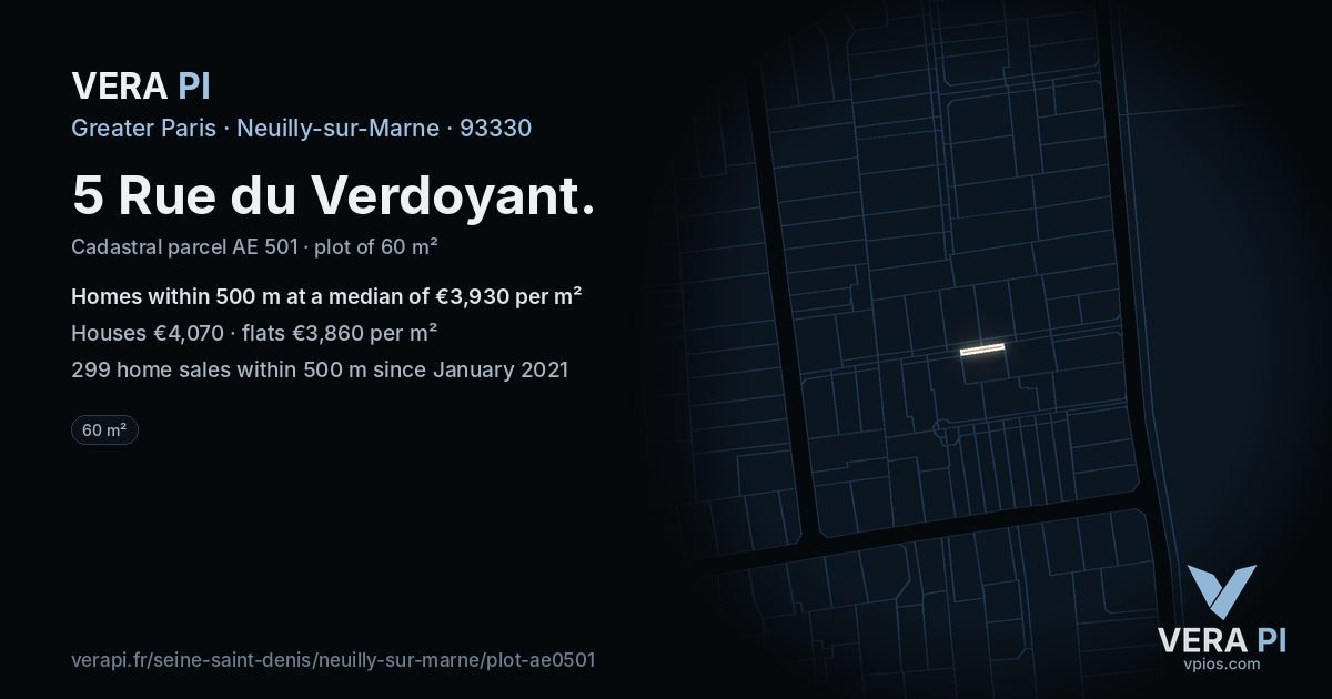 5 Rue du Verdoyant, Neuilly-sur-Marne at night – the plot lit, the parcels around coloured by the prices near them