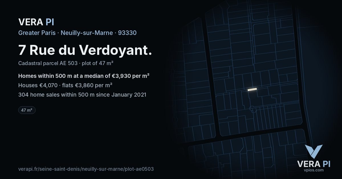 7 Rue du Verdoyant, Neuilly-sur-Marne at night – the plot lit, the parcels around coloured by the prices near them