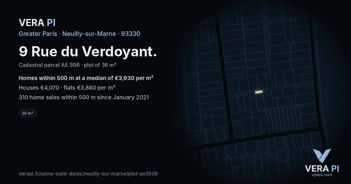 9 Rue du Verdoyant, Neuilly-sur-Marne at night – the plot lit, the parcels around coloured by the prices near them