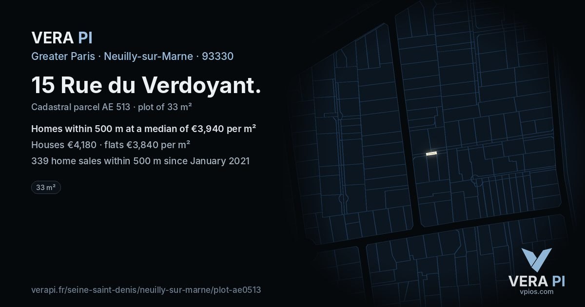 15 Rue du Verdoyant, Neuilly-sur-Marne at night – the plot lit, the parcels around coloured by the prices near them