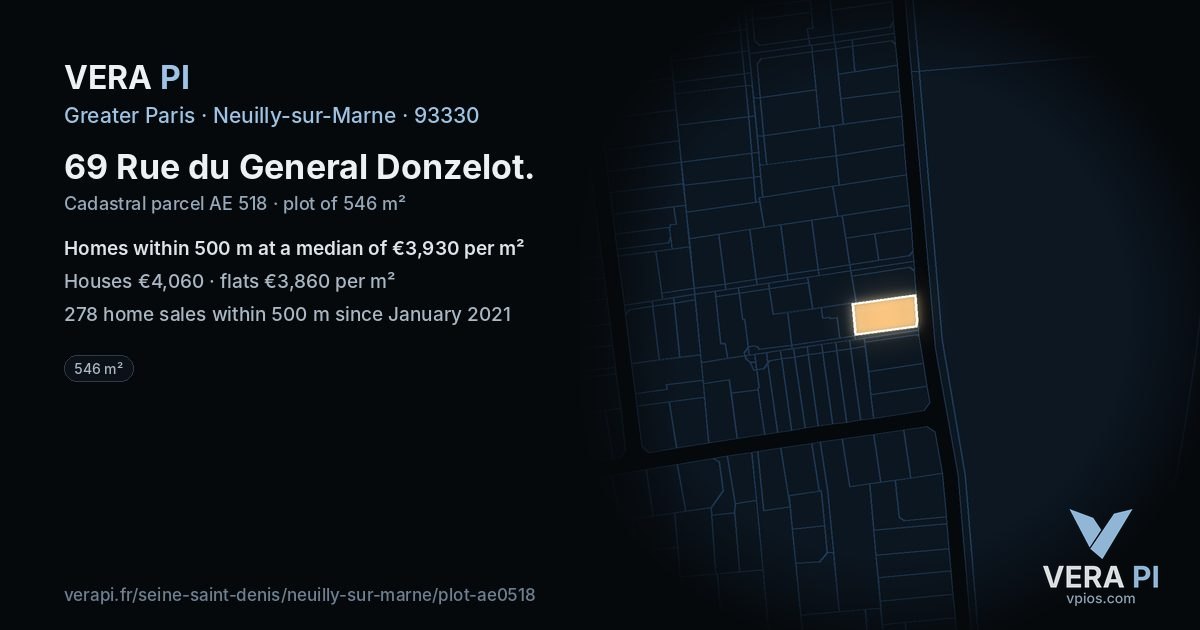 69 Rue du General Donzelot, Neuilly-sur-Marne at night – the plot lit, the parcels around coloured by the prices near them