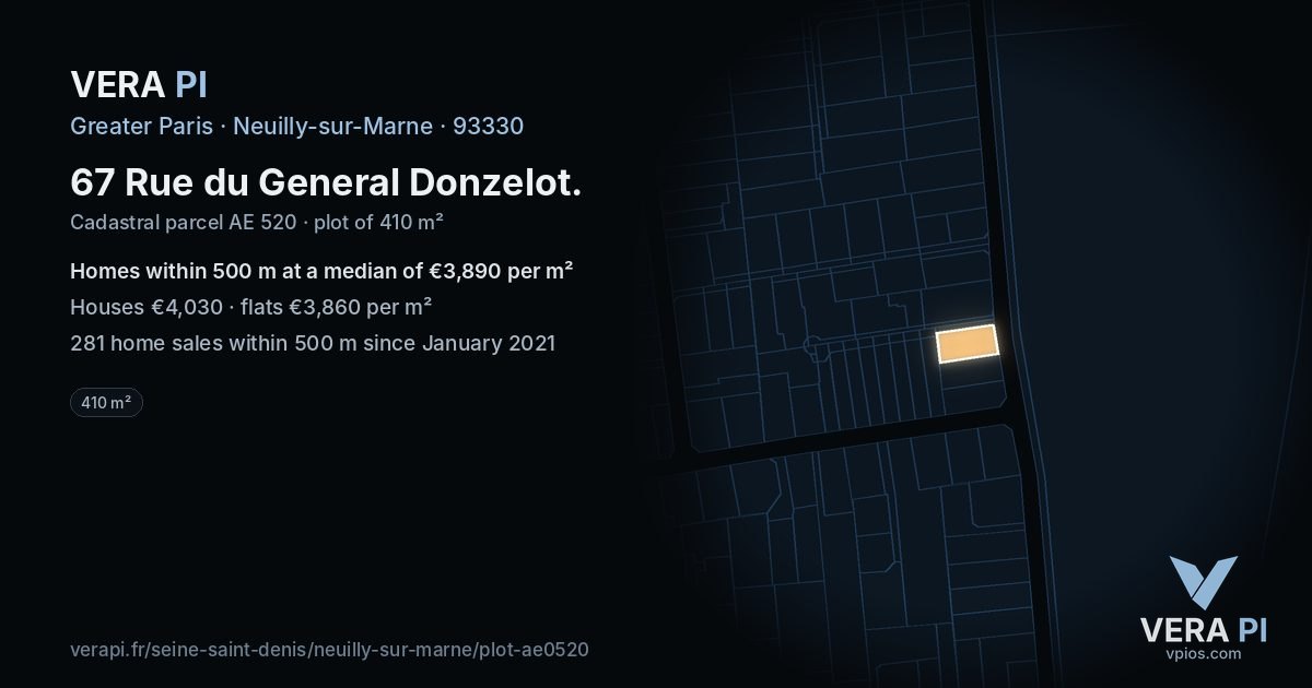 67 Rue du General Donzelot, Neuilly-sur-Marne at night – the plot lit, the parcels around coloured by the prices near them