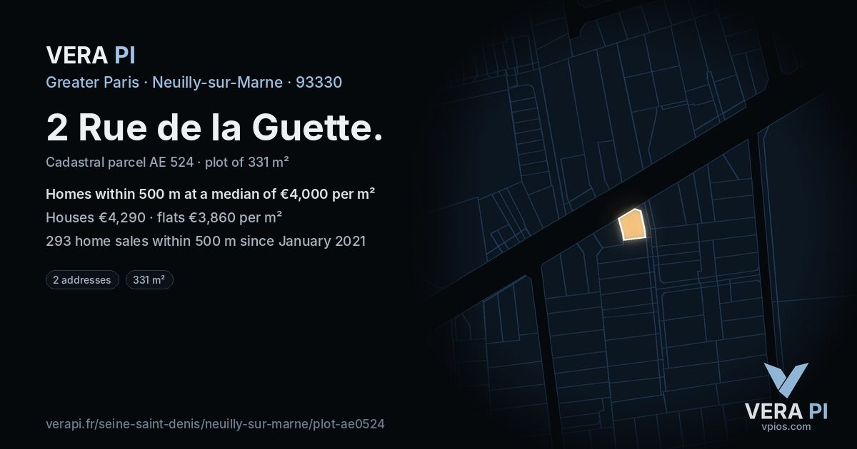 2 Rue de la Guette, Neuilly-sur-Marne at night – the plot lit, the parcels around coloured by the prices near them