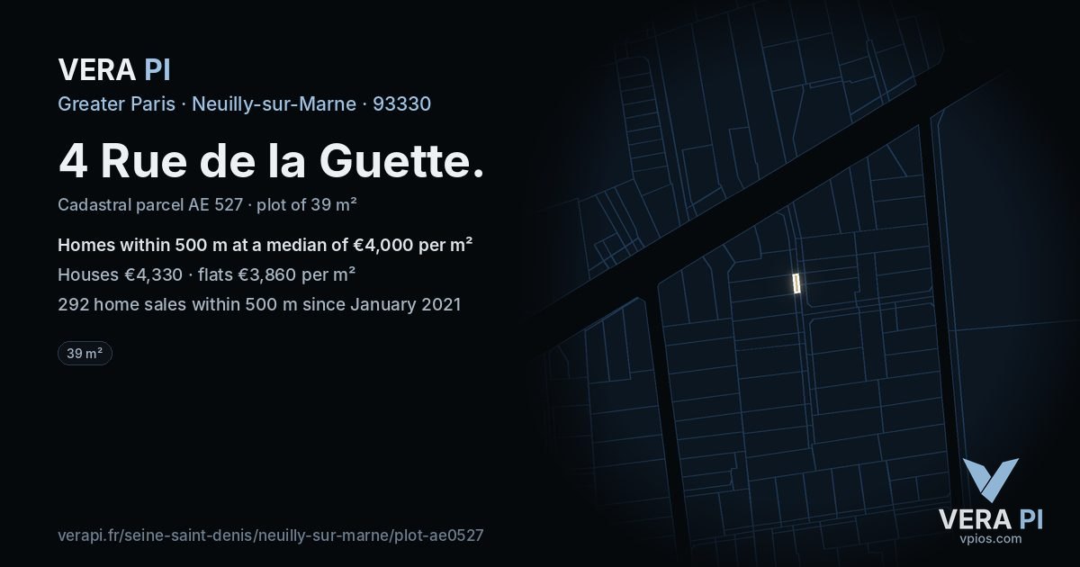 4 Rue de la Guette, Neuilly-sur-Marne at night – the plot lit, the parcels around coloured by the prices near them