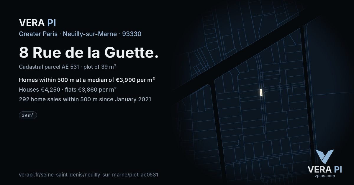8 Rue de la Guette, Neuilly-sur-Marne at night – the plot lit, the parcels around coloured by the prices near them