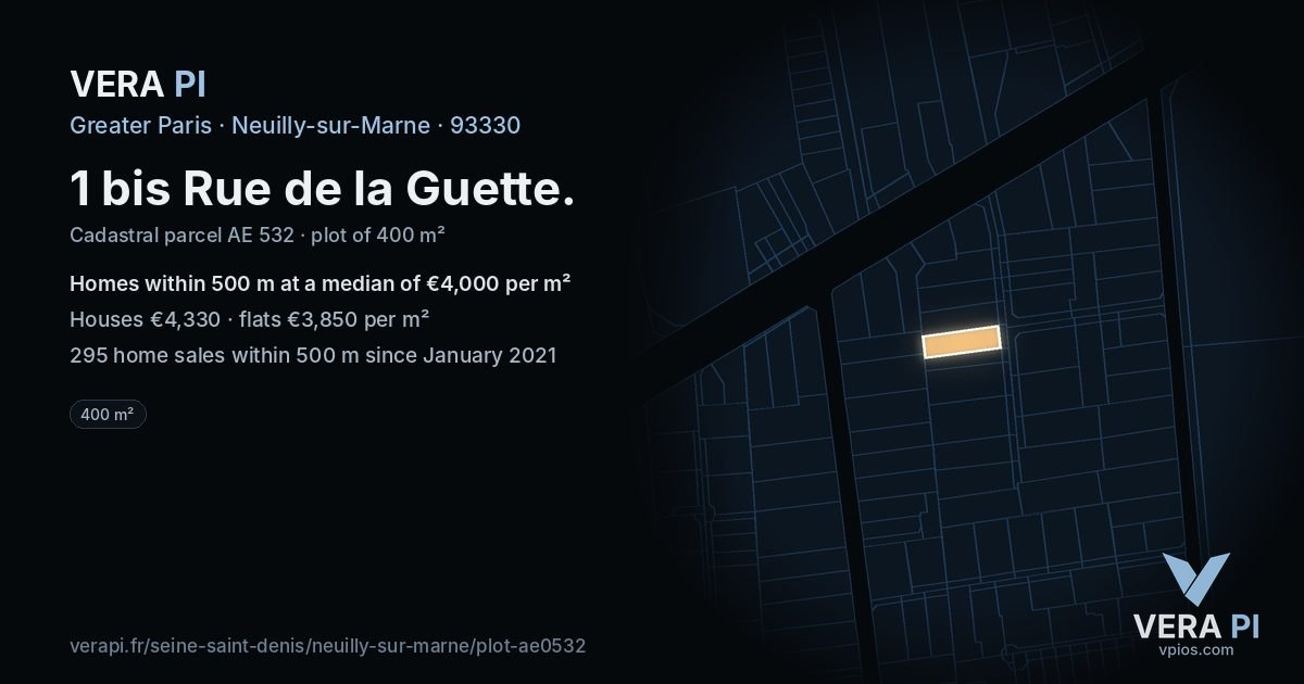 1 bis Rue de la Guette, Neuilly-sur-Marne at night – the plot lit, the parcels around coloured by the prices near them