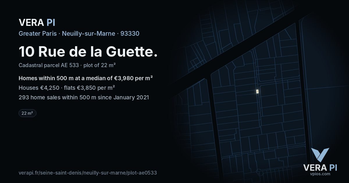 10 Rue de la Guette, Neuilly-sur-Marne at night – the plot lit, the parcels around coloured by the prices near them