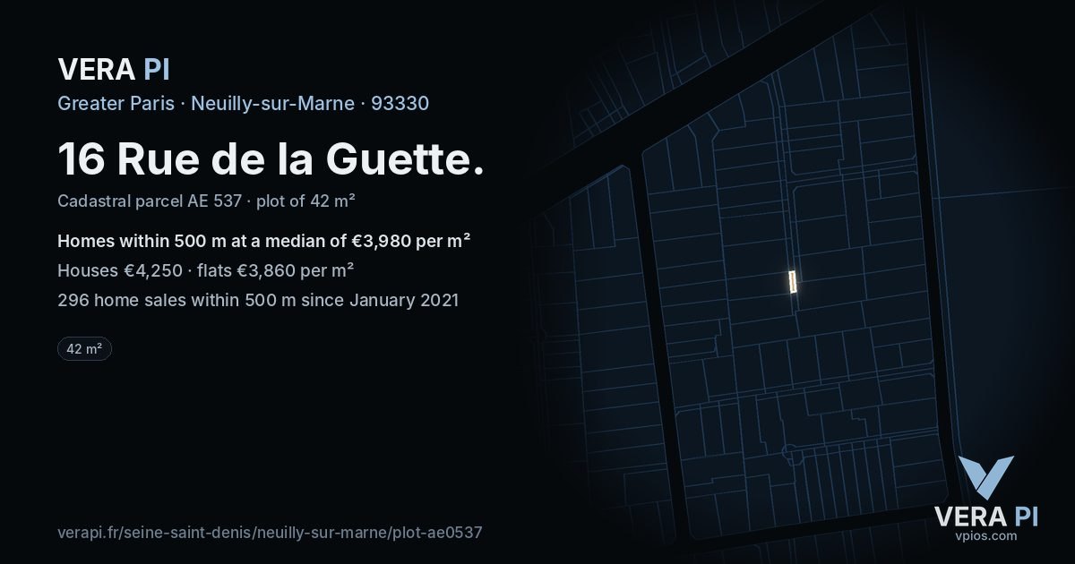16 Rue de la Guette, Neuilly-sur-Marne at night – the plot lit, the parcels around coloured by the prices near them