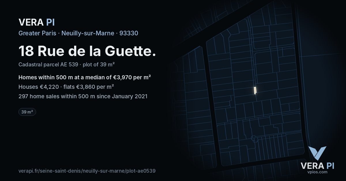 18 Rue de la Guette, Neuilly-sur-Marne at night – the plot lit, the parcels around coloured by the prices near them