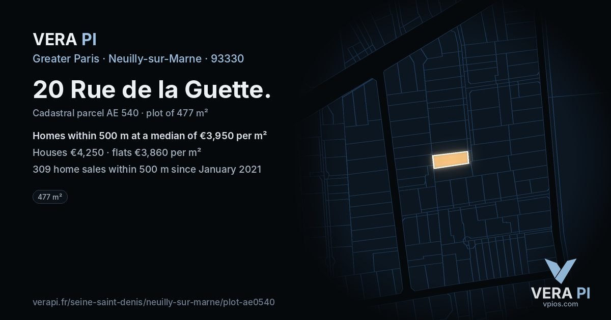 20 Rue de la Guette, Neuilly-sur-Marne at night – the plot lit, the parcels around coloured by the prices near them