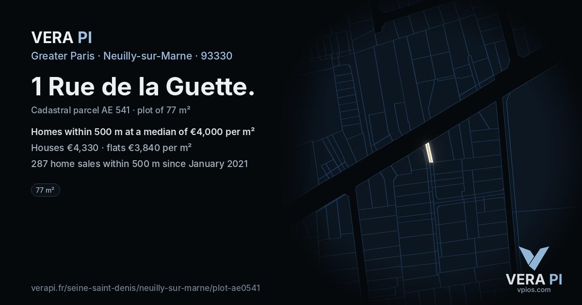1 Rue de la Guette, Neuilly-sur-Marne at night – the plot lit, the parcels around coloured by the prices near them