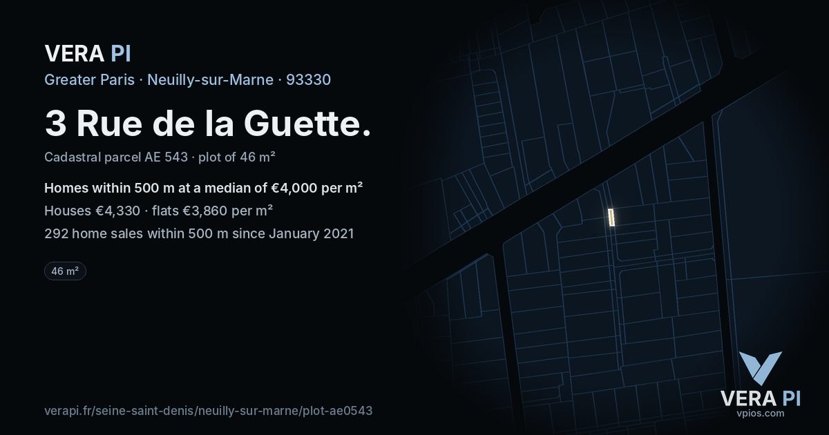 3 Rue de la Guette, Neuilly-sur-Marne at night – the plot lit, the parcels around coloured by the prices near them