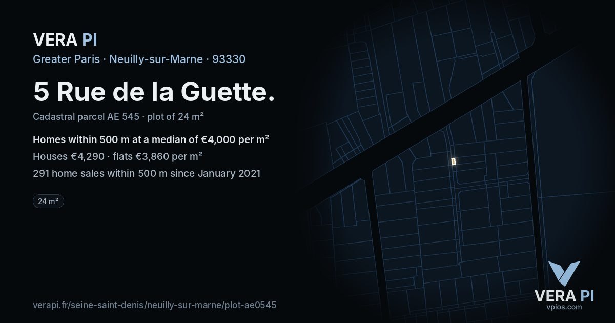 5 Rue de la Guette, Neuilly-sur-Marne at night – the plot lit, the parcels around coloured by the prices near them