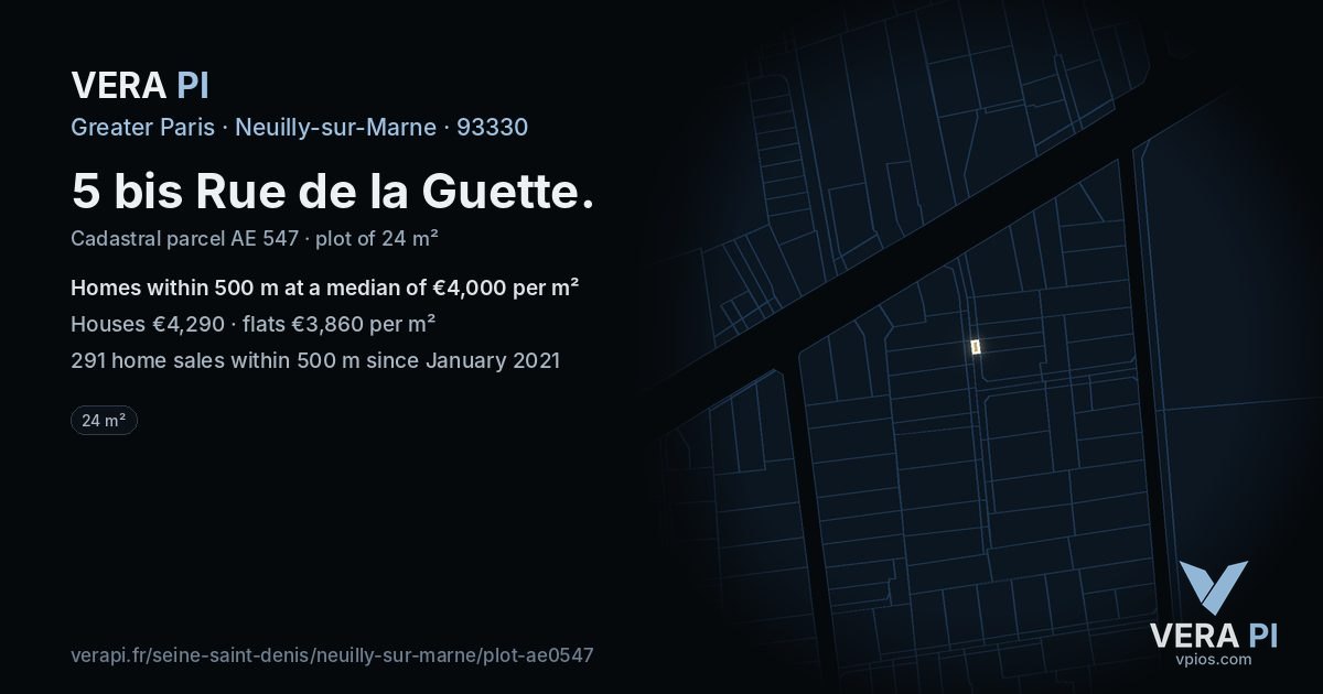 5 bis Rue de la Guette, Neuilly-sur-Marne at night – the plot lit, the parcels around coloured by the prices near them
