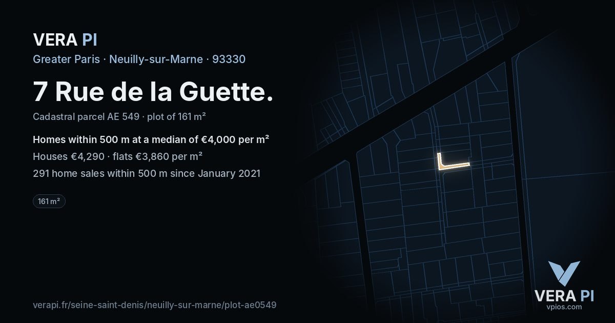 7 Rue de la Guette, Neuilly-sur-Marne at night – the plot lit, the parcels around coloured by the prices near them
