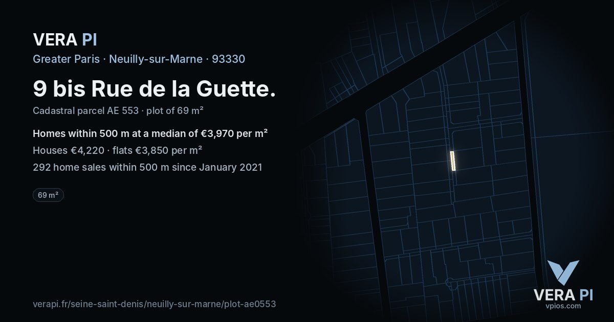 9 bis Rue de la Guette, Neuilly-sur-Marne at night – the plot lit, the parcels around coloured by the prices near them