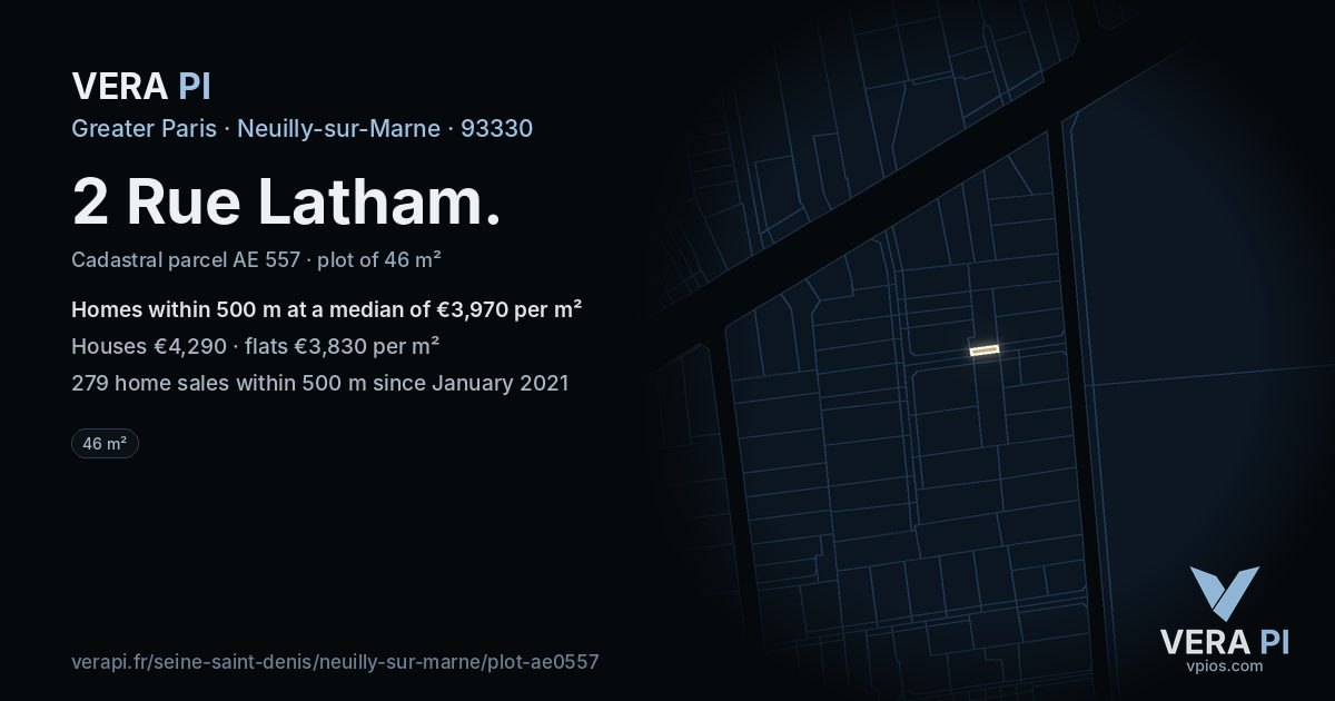 2 Rue Latham, Neuilly-sur-Marne at night – the plot lit, the parcels around coloured by the prices near them