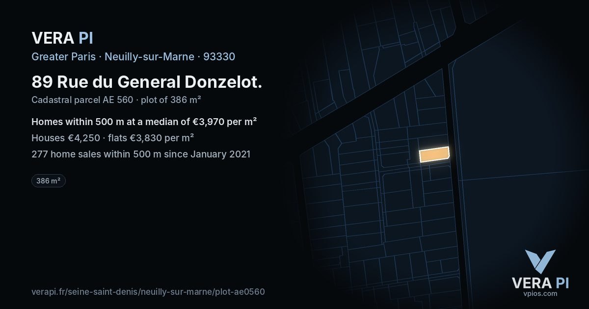89 Rue du General Donzelot, Neuilly-sur-Marne at night – the plot lit, the parcels around coloured by the prices near them