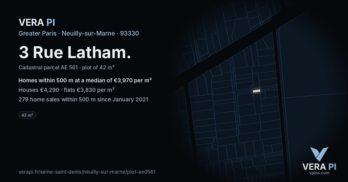 3 Rue Latham, Neuilly-sur-Marne at night – the plot lit, the parcels around coloured by the prices near them