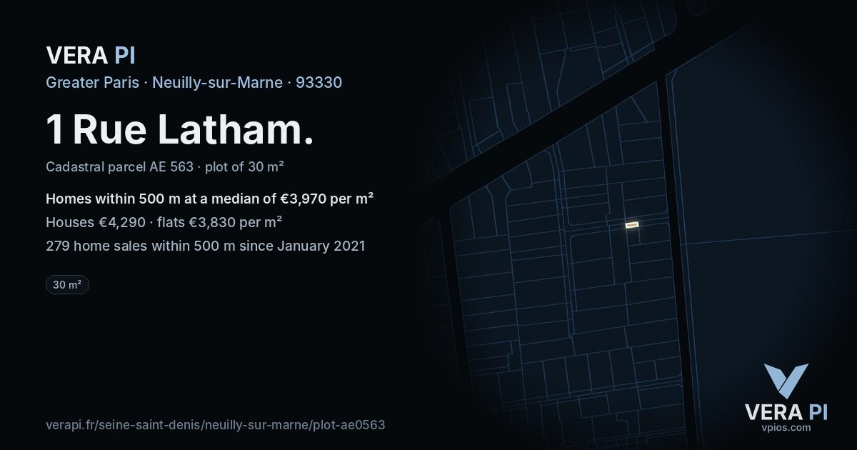 1 Rue Latham, Neuilly-sur-Marne at night – the plot lit, the parcels around coloured by the prices near them
